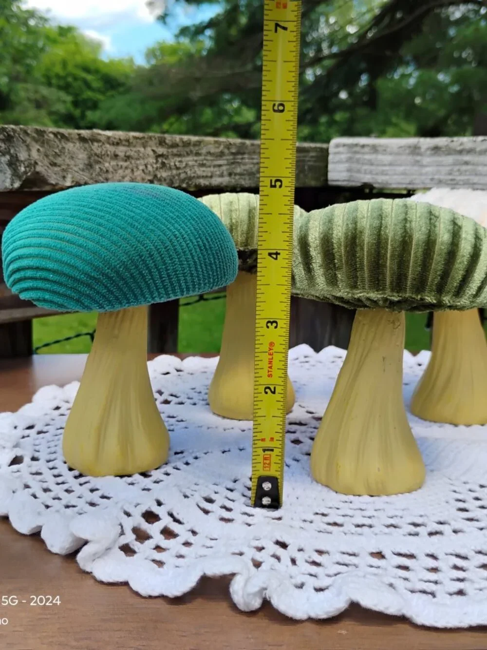 set of 4 decorative velvet corduroy mushroom figurines fabric tops plastic bases